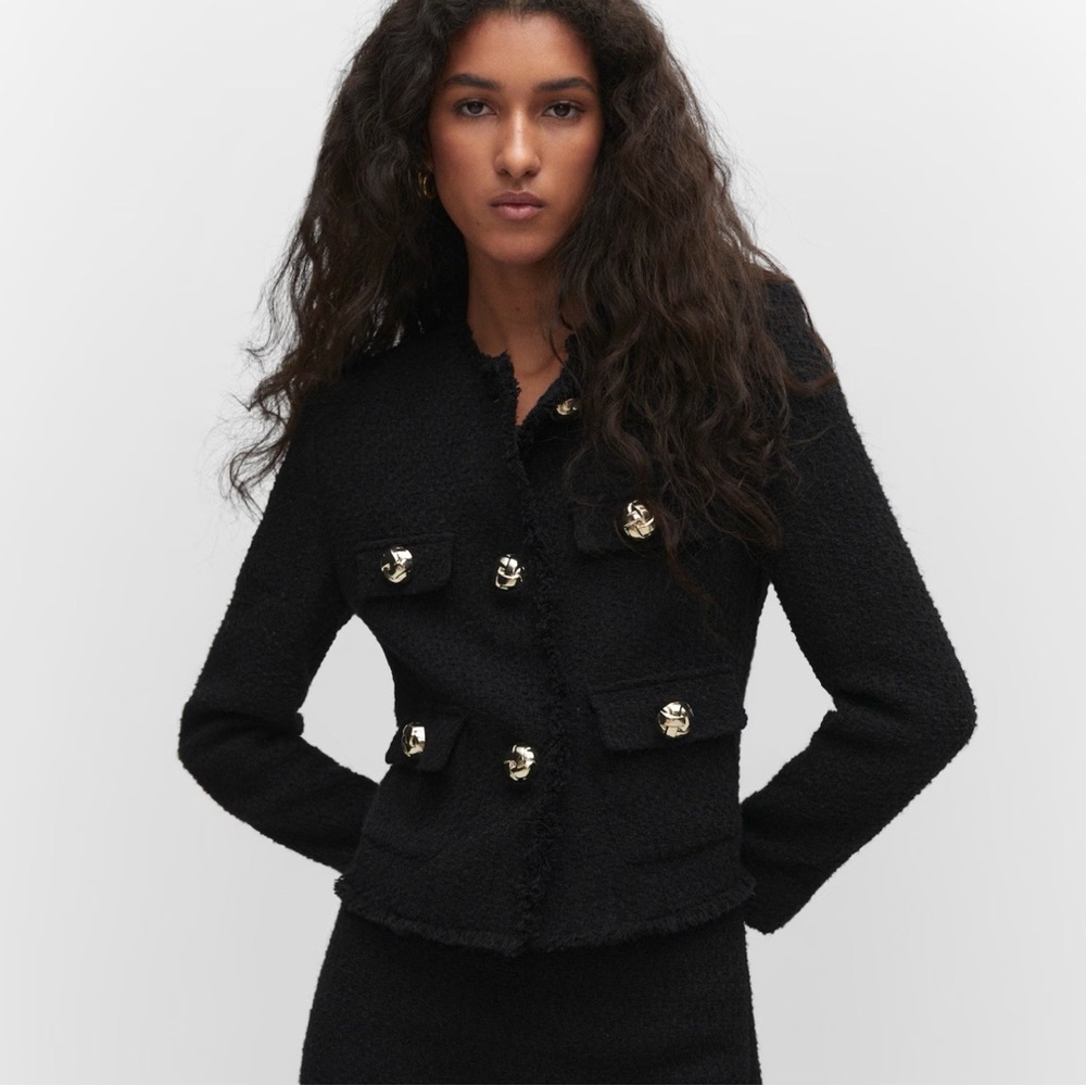 Mango MNG Black Boucle Tweed Cropped Jacket Silver Buttons Sz S GUC
